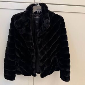 Bernardo Grooved Faux Fur Stand Collar Jacket - Black, Size XS